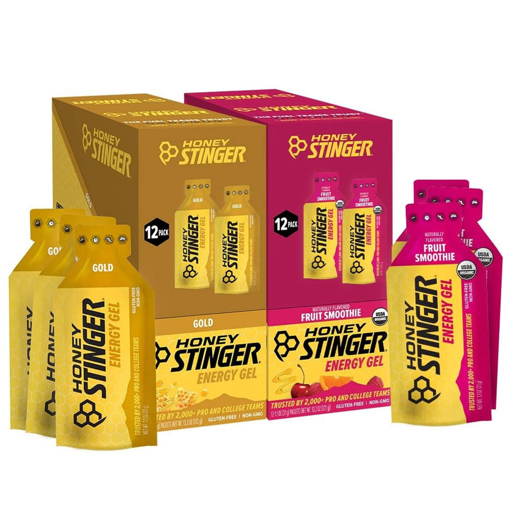 Honey Stinger energy gel variety pack cartons and pouches, assorted flavors