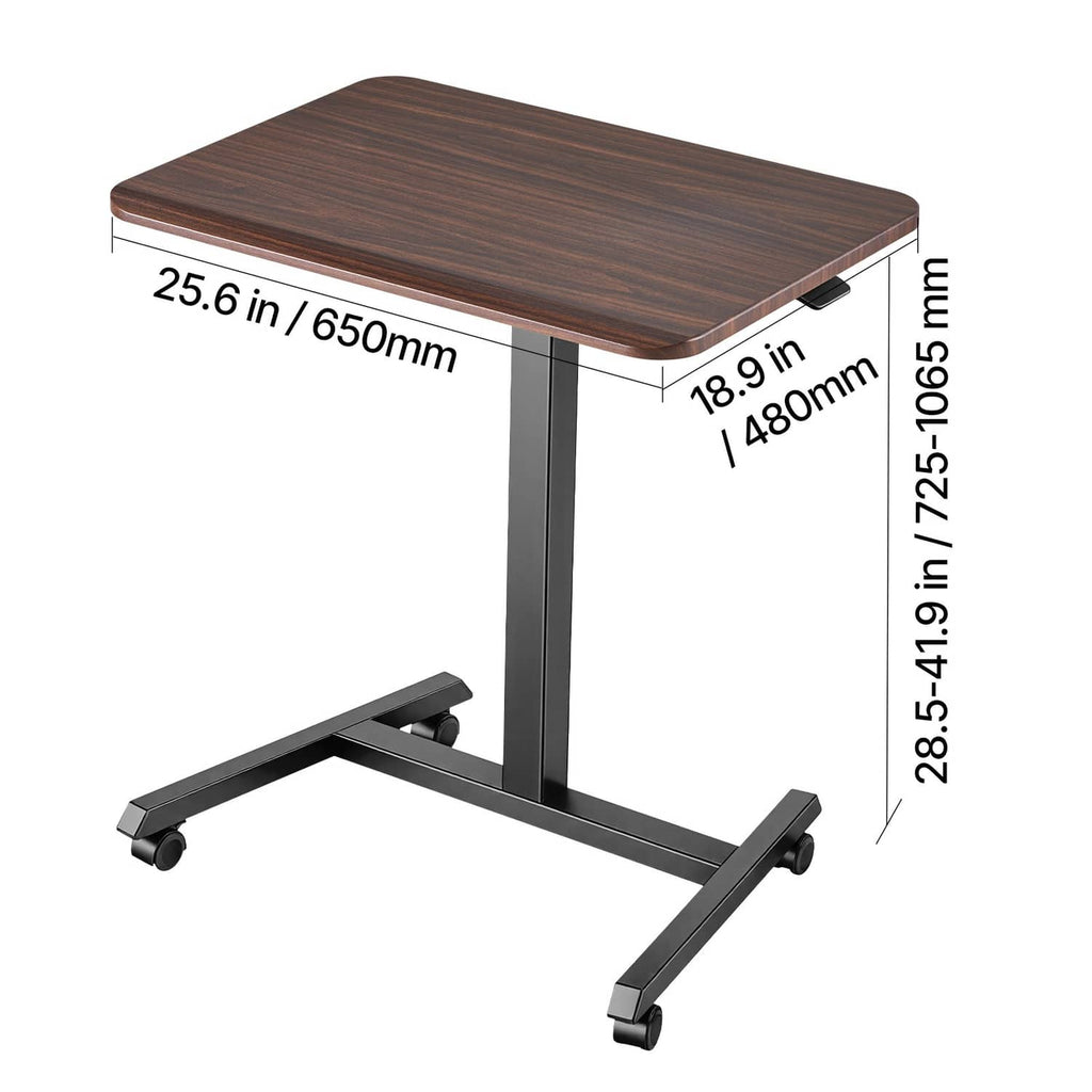 Adjustable height standing desk with dark wood top, gray frame, and rolling casters