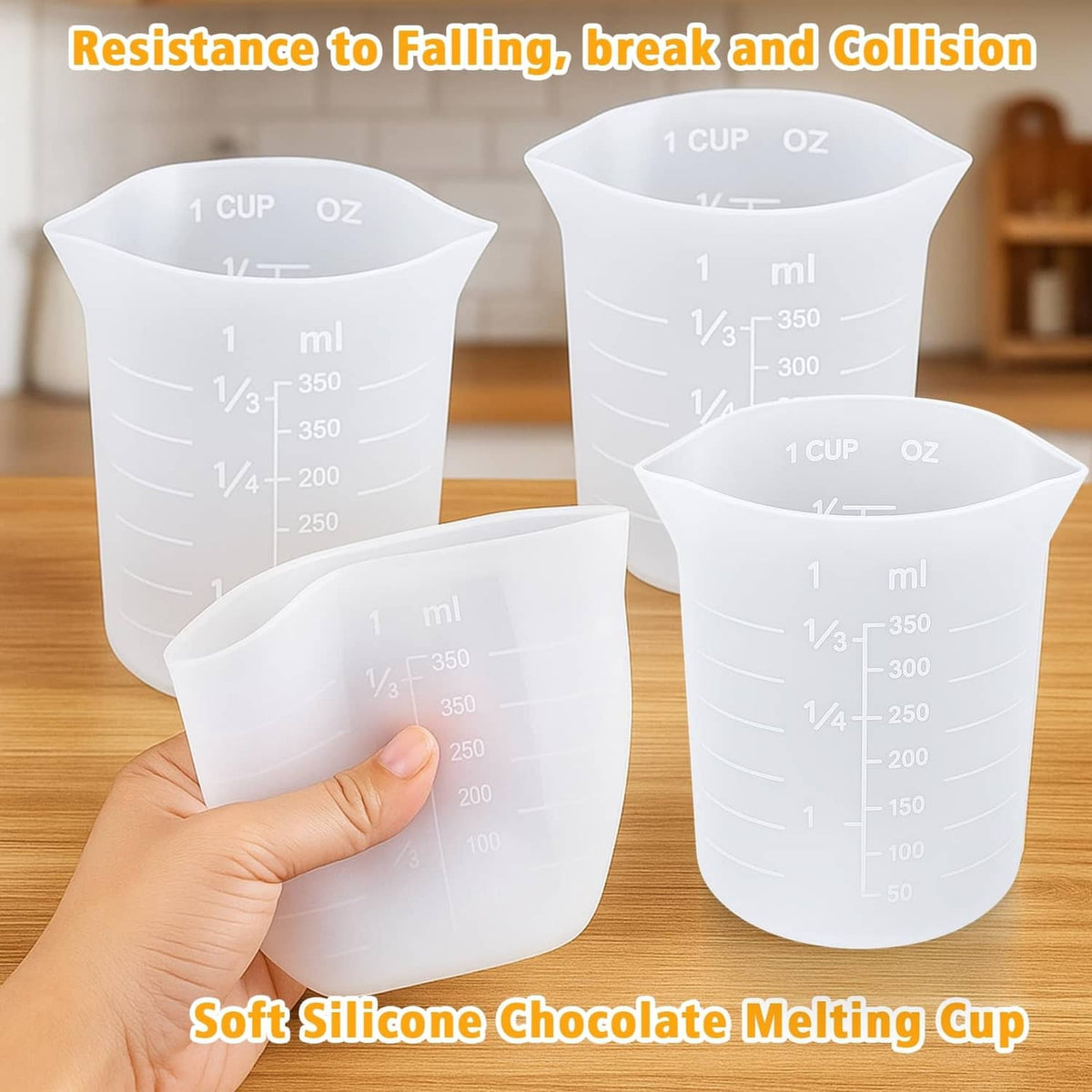 Stackable white silicone measuring cups with printed 350 ml capacity markings