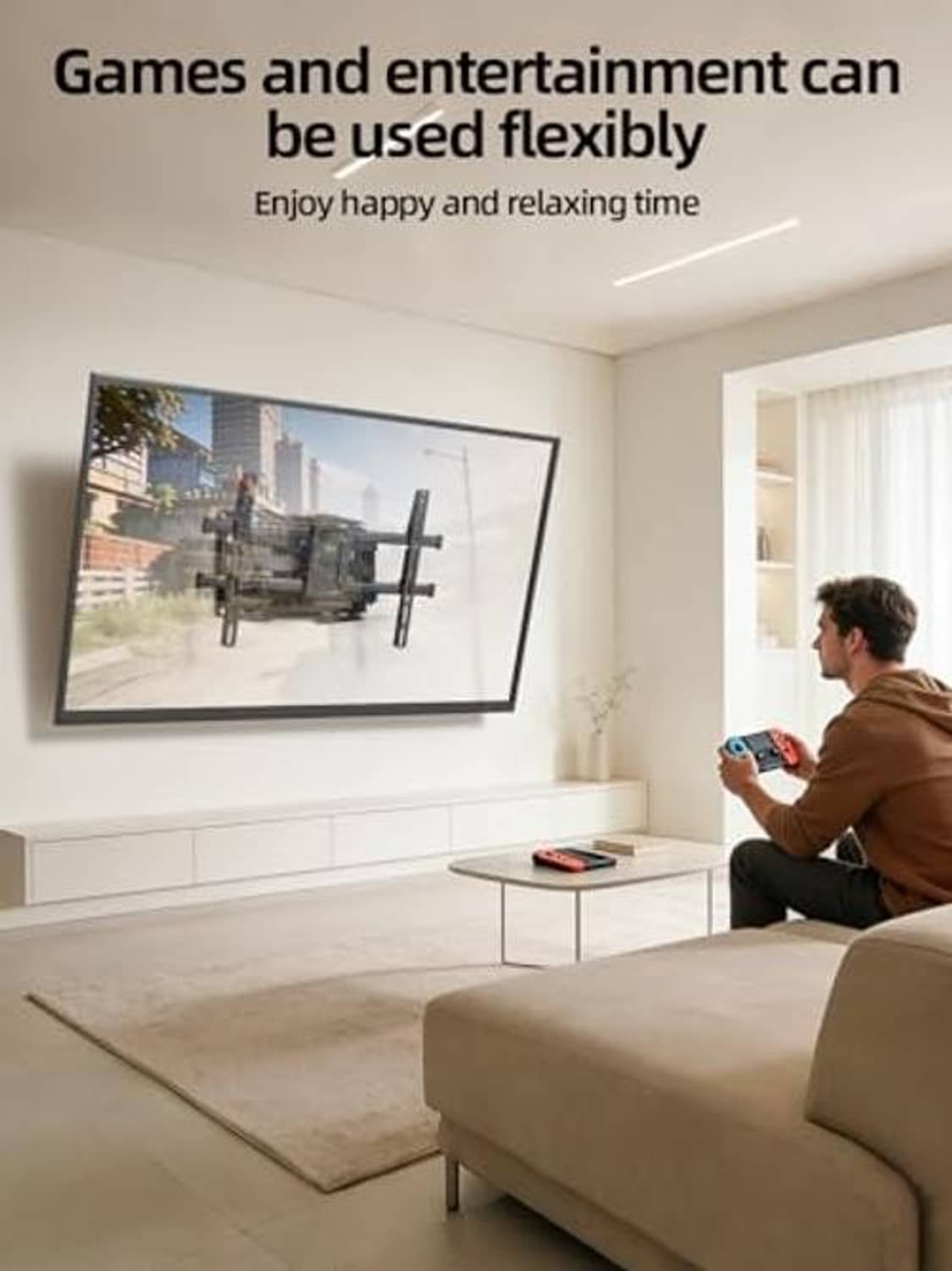 Full motion TV wall mount installed on living-room wall for flexible TV viewing