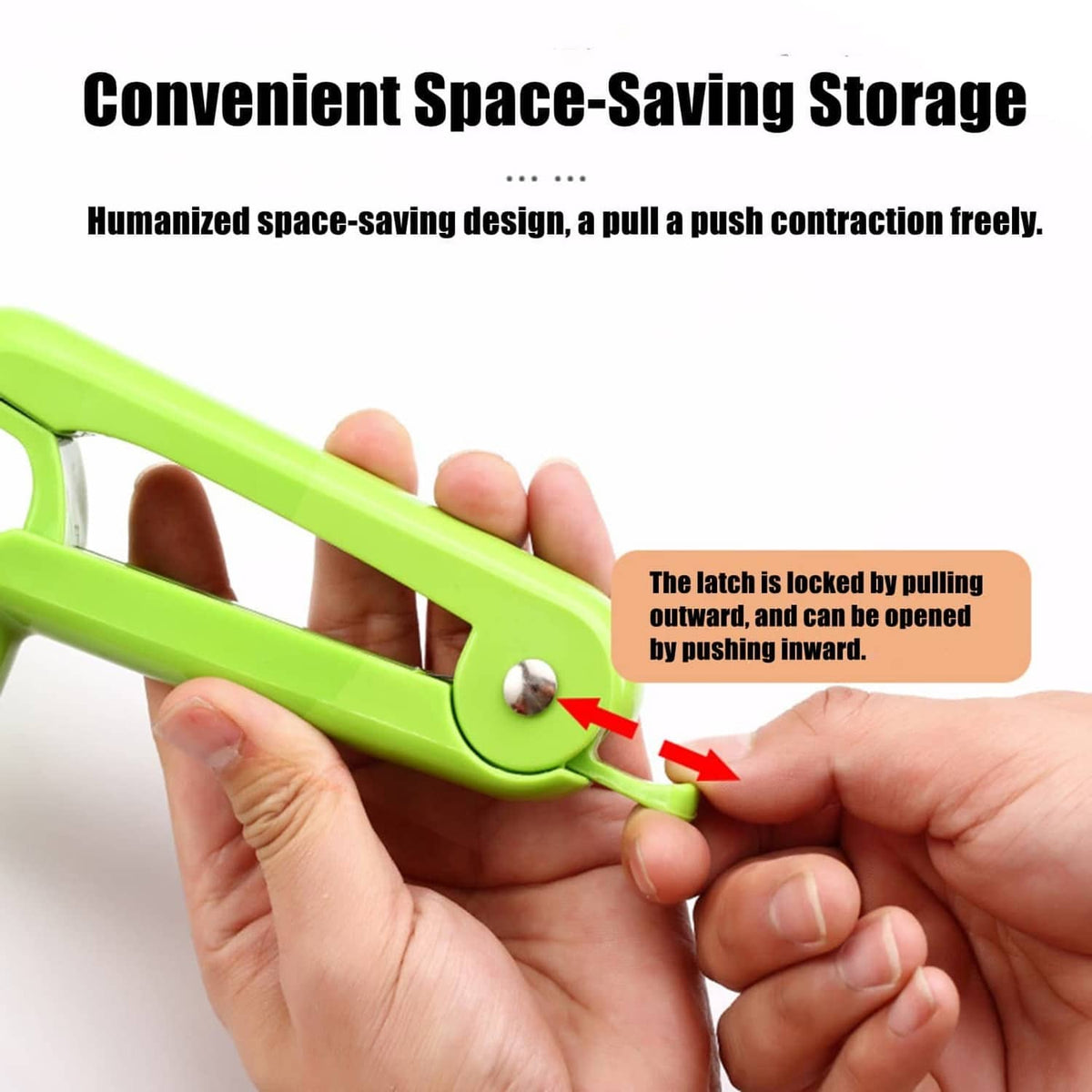 Green cherry pitter tool with latch mechanism shown by hands, space-saving design