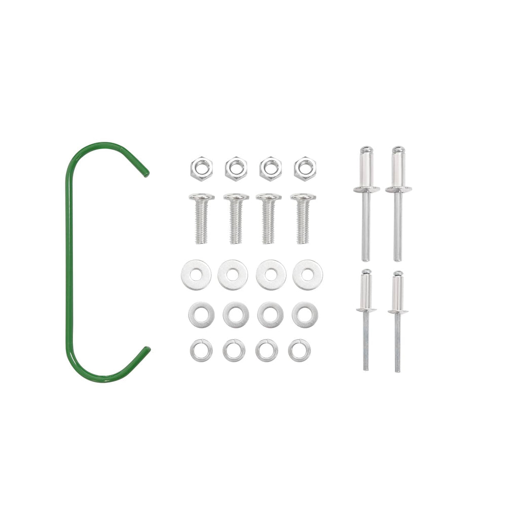 Battery box hardware kit with green retaining wire, bolts, washers, and screws