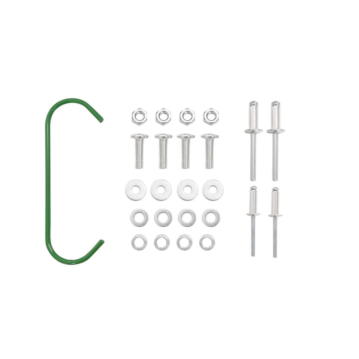 Battery box hardware kit with green retaining wire, bolts, washers, and screws