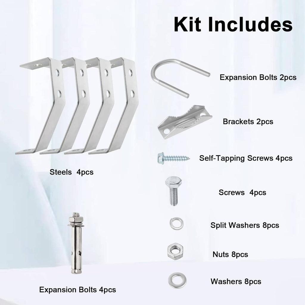 Antenna wall mount kit with brackets, expansion bolts, self-tapping screws, nuts, and washers
