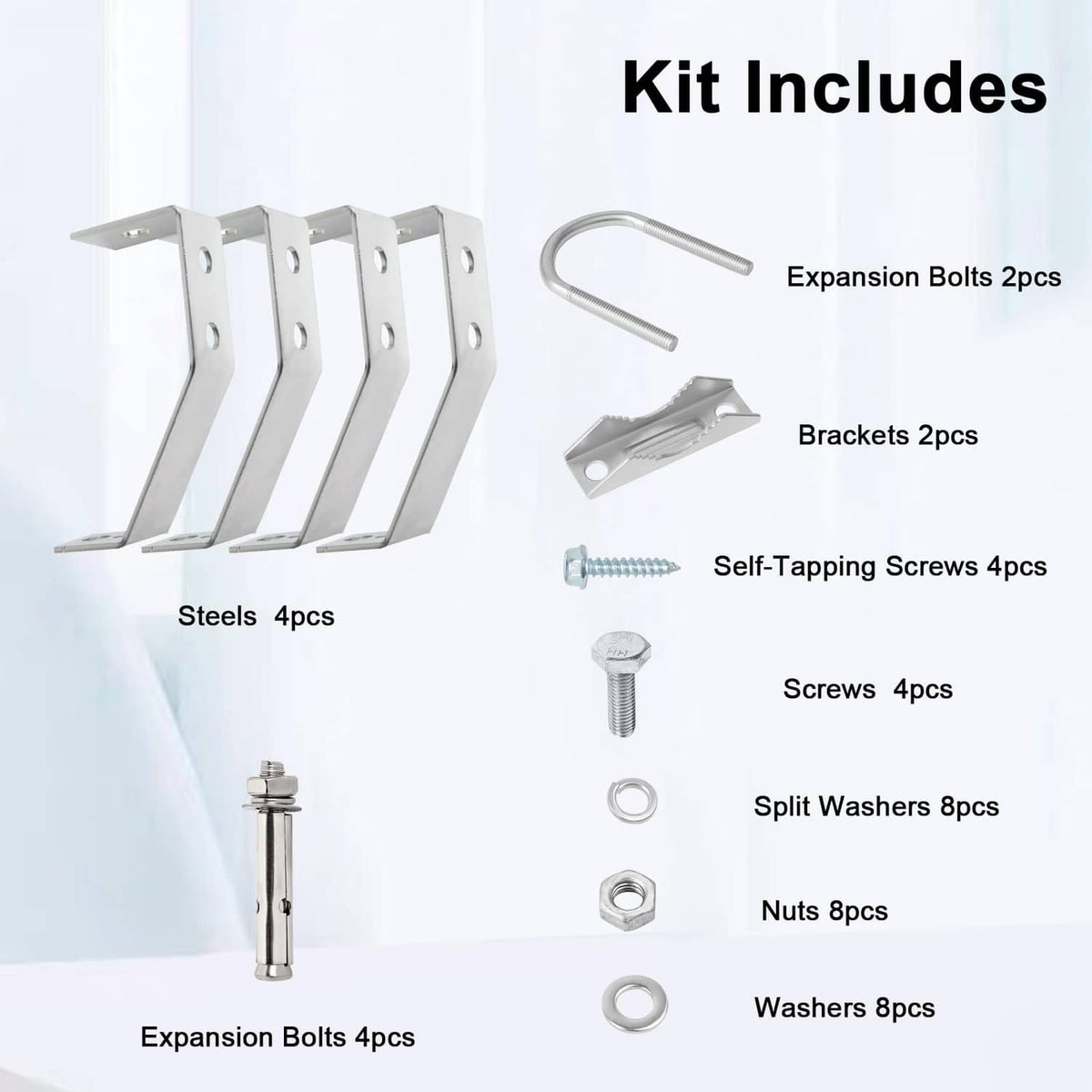 Antenna wall mount kit with brackets, expansion bolts, self-tapping screws, nuts, and washers