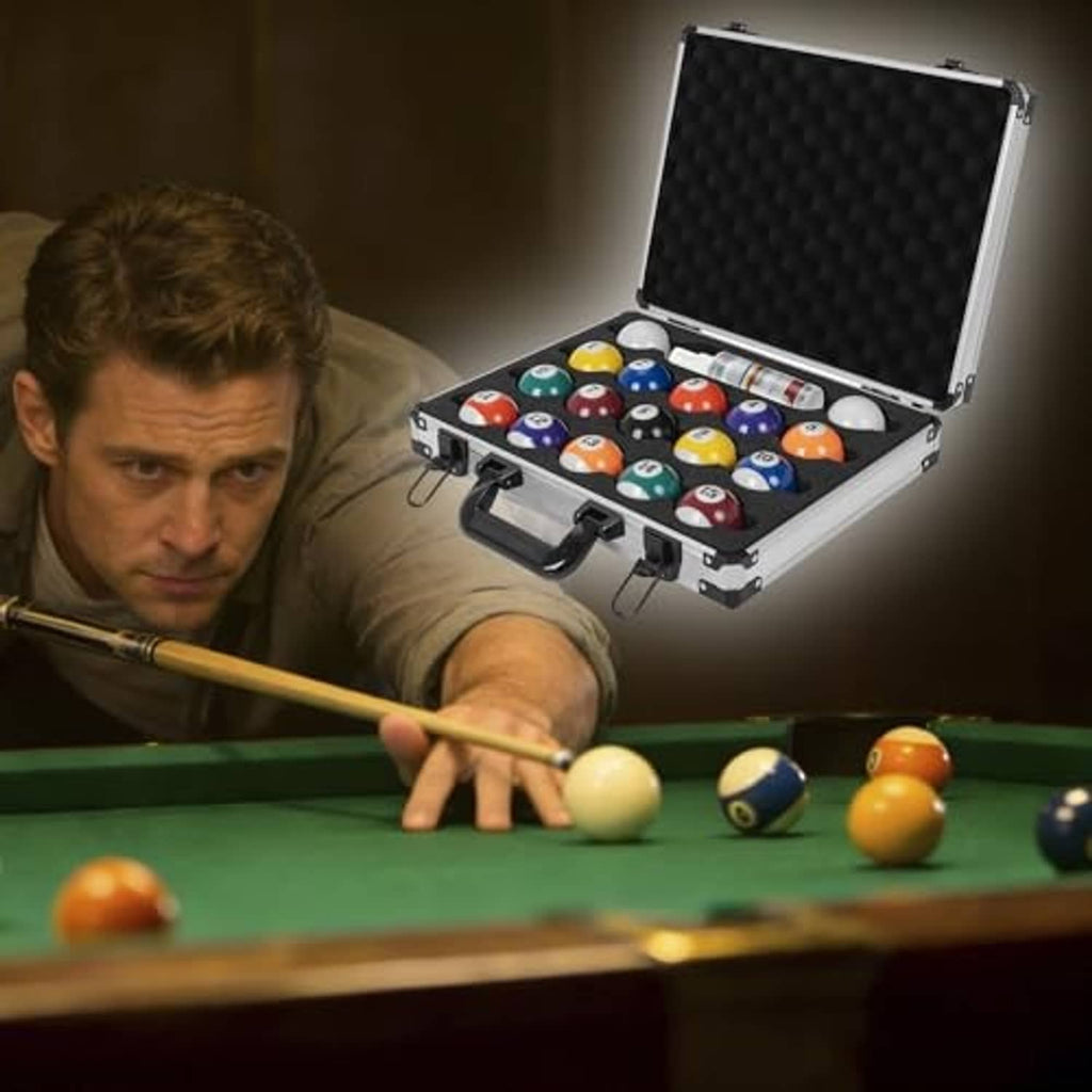 Open pool ball case with black foam lid and multi-colored ball set in trays