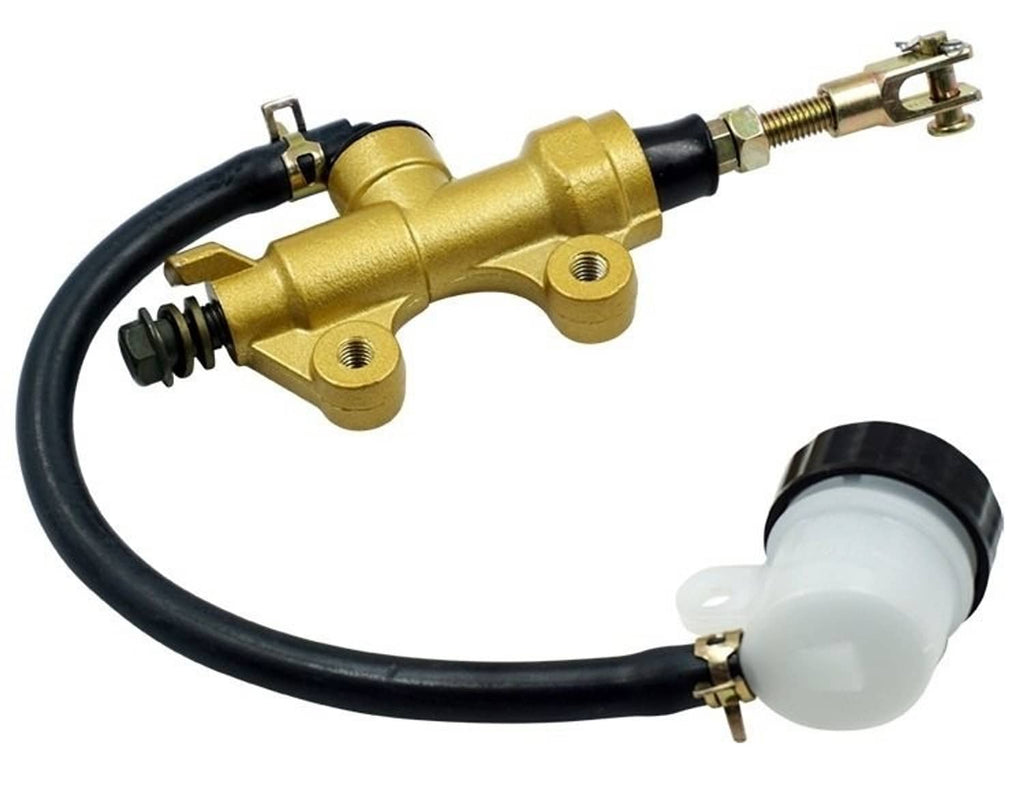 Rear brake master cylinder pump gold housing with clear reservoir and hose