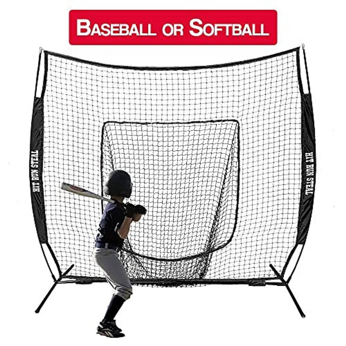 Baseball practice net with white mesh and black frame, with front target pocket