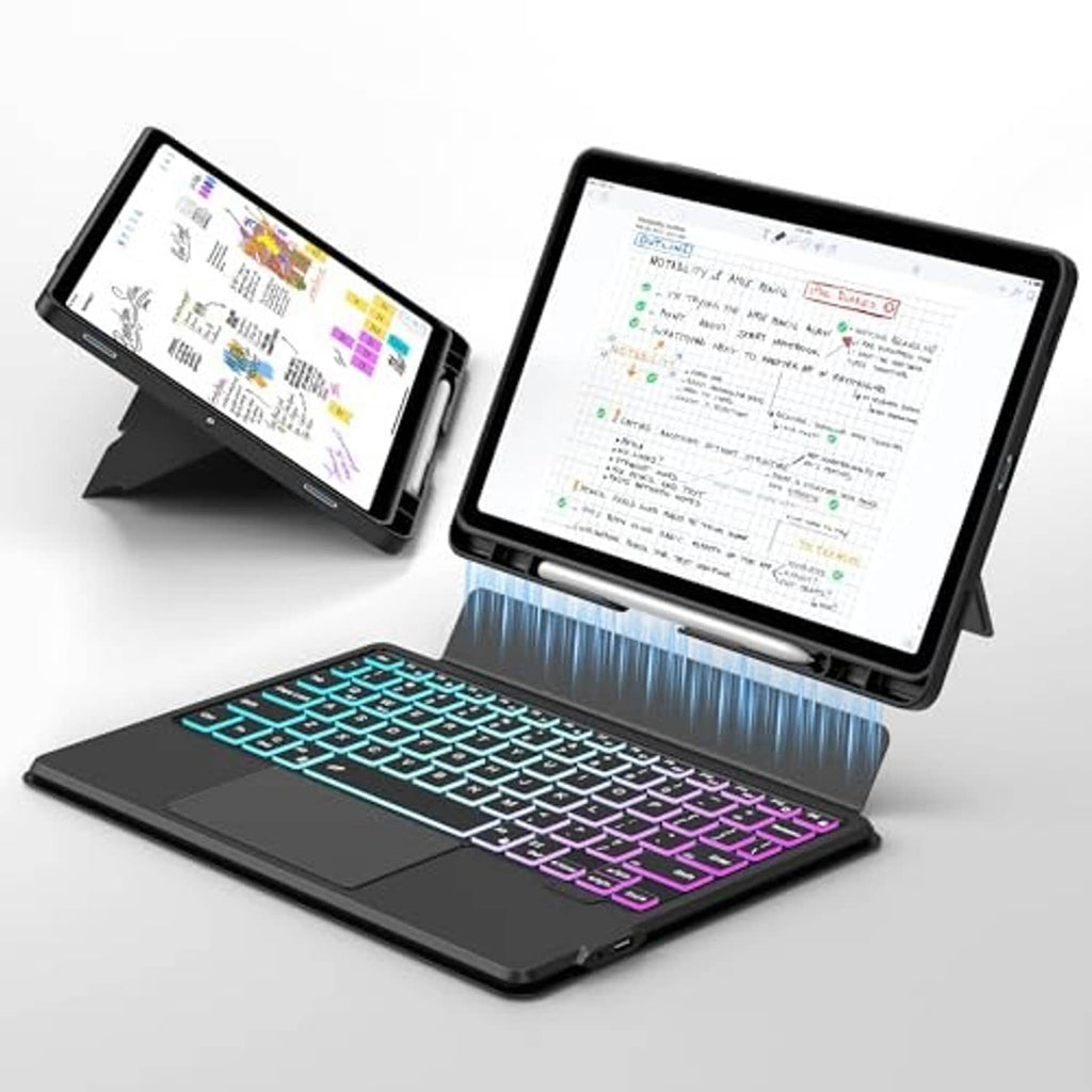 Dark detachable tablet keyboard case with rainbow backlit keys on a stand