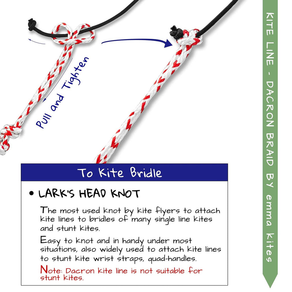 Kite line bridle knot diagram showing larks head attachment to a braided line.