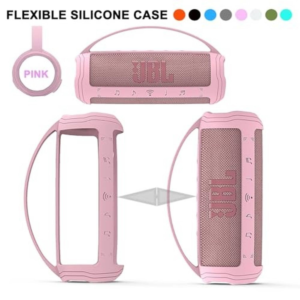Pink flexible silicone case for JBL Flip 6 speaker, front and side views