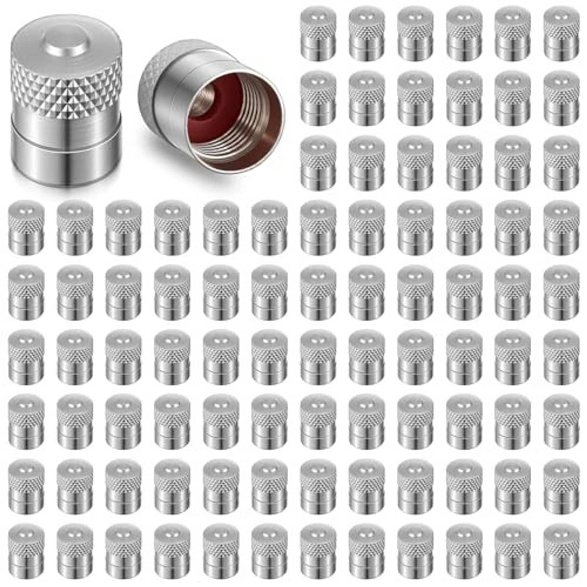 Metal tire valve stem caps with textured sides and inner seals, multiple set