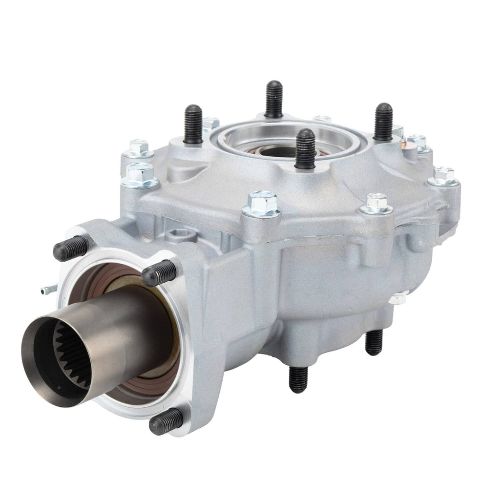 Rear differential axle assembly with splined drive flange, silver metal housing