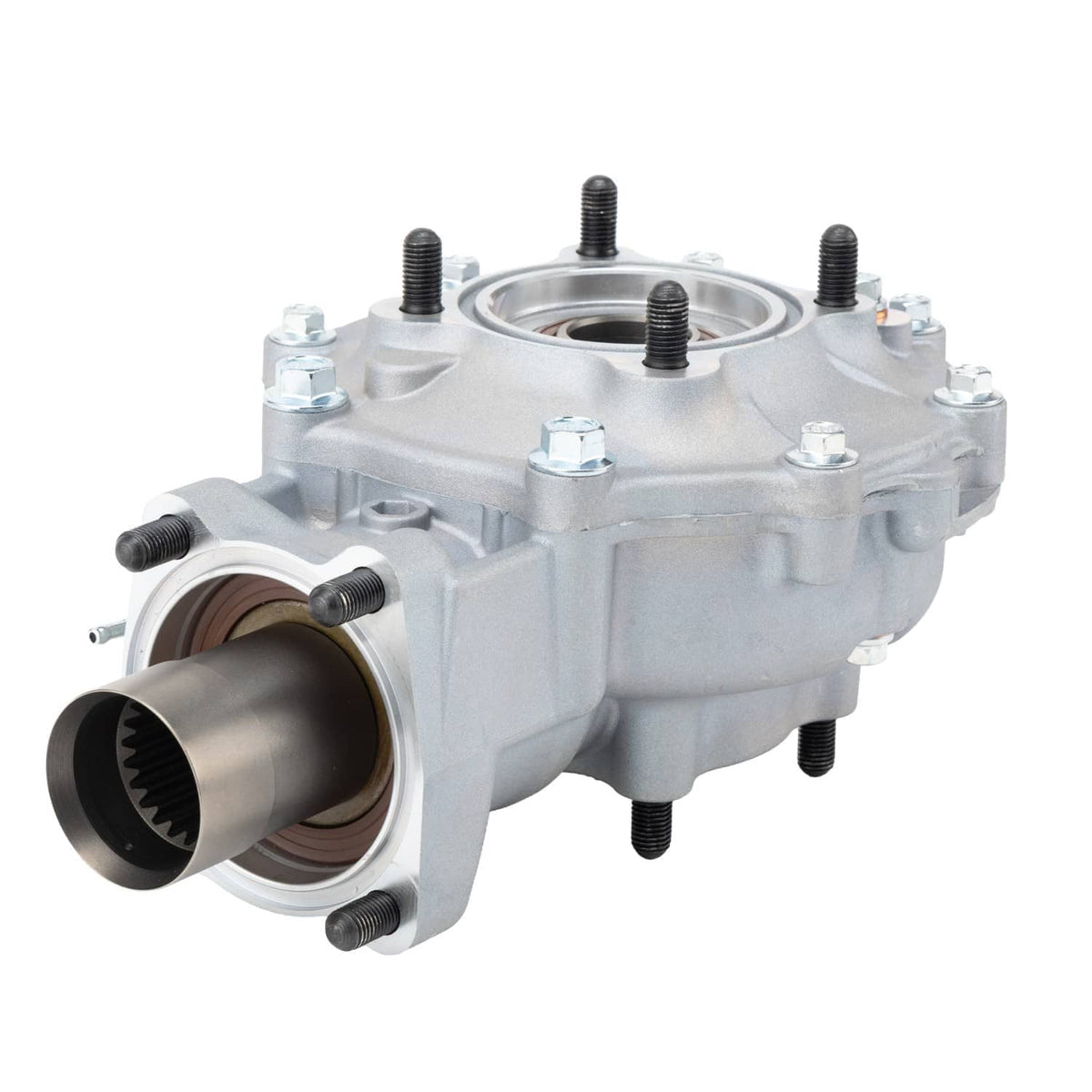 Rear differential axle assembly with splined drive flange, silver metal housing