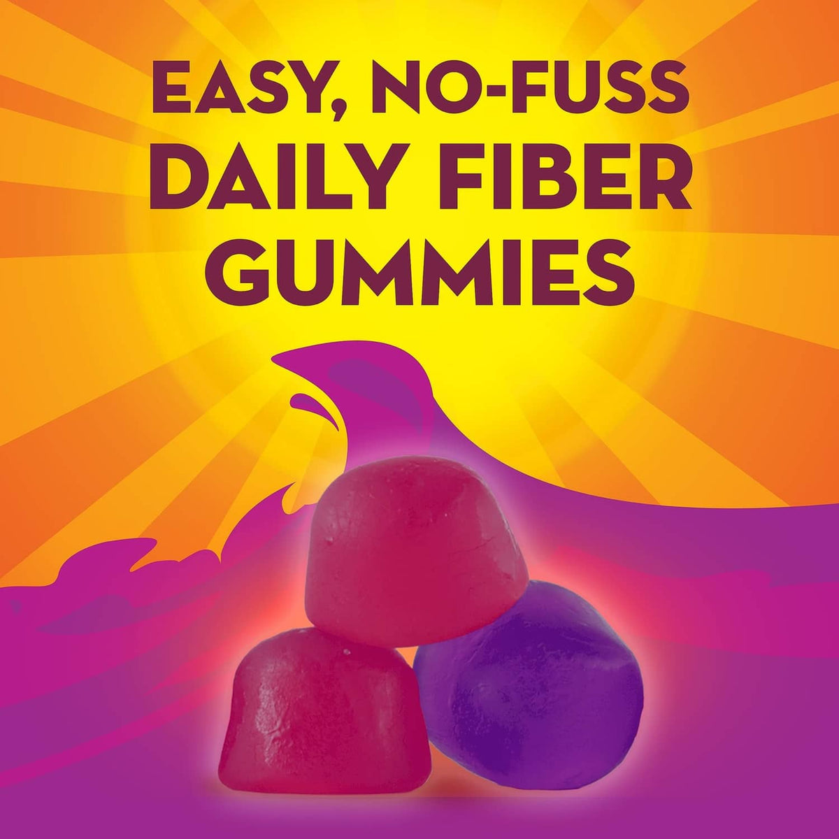 Daily fiber gummies graphic with three berry-colored gummies and easy, no-fuss wording.