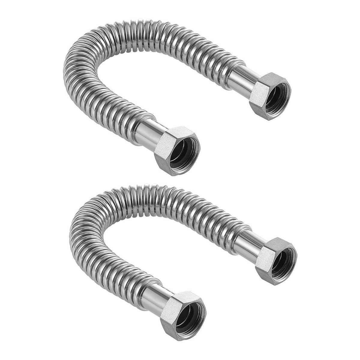 Two stainless steel flex connector hoses with hex nut ends and corrugated coil tubing