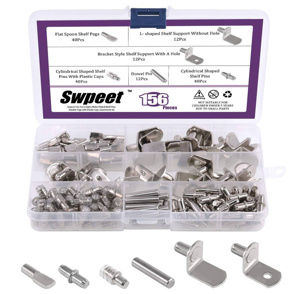 Shelf pin hardware set with nickel-plated metal pegs and support brackets in storage box
