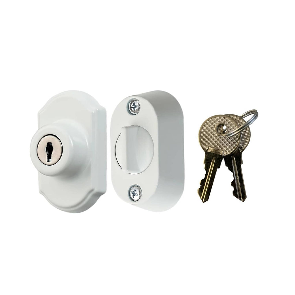 White keyed deadbolt with cylinder, two screws, and matching keys