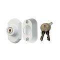White keyed deadbolt with cylinder, two screws, and matching keys
