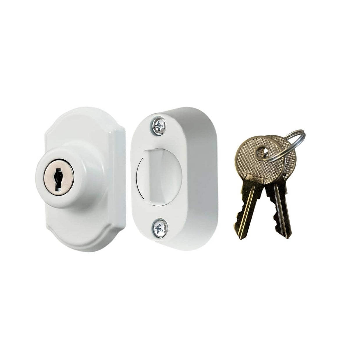 White keyed deadbolt with cylinder, two screws, and matching keys