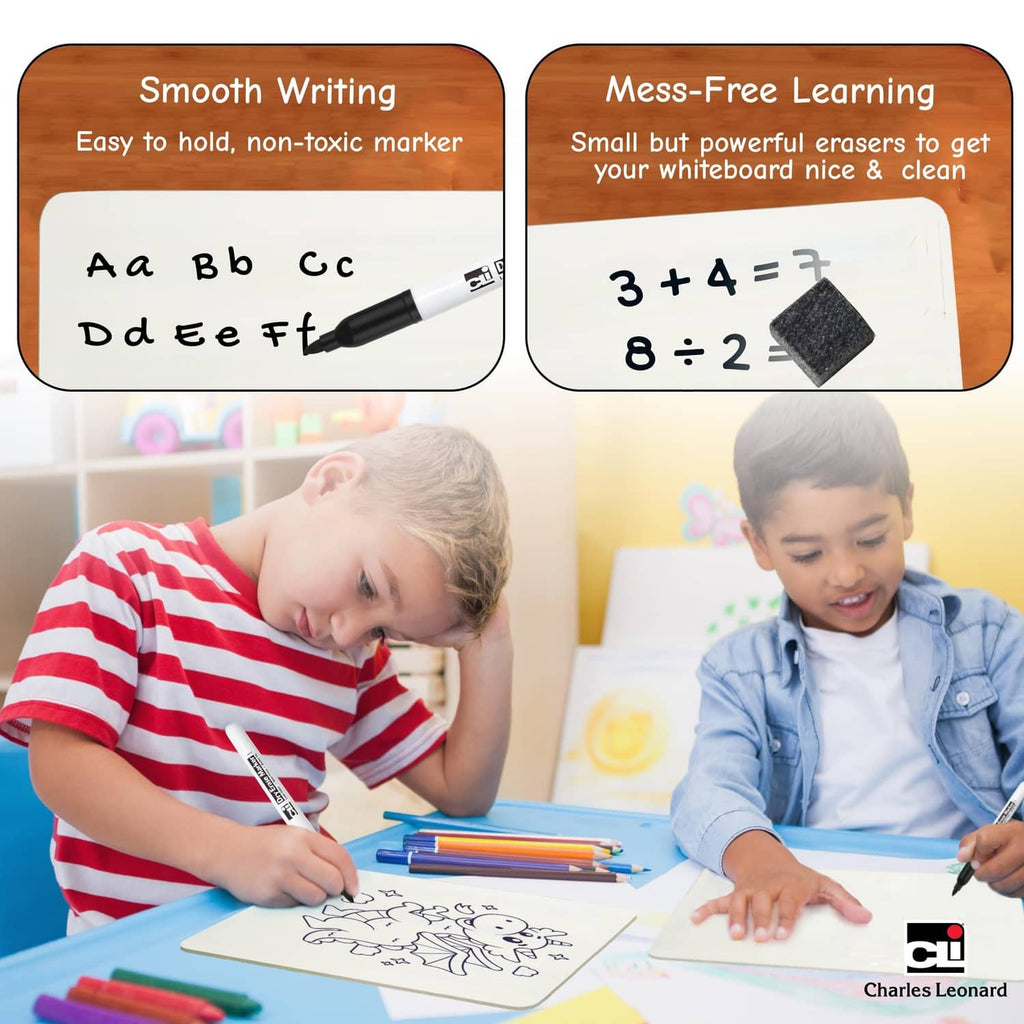 Dry erase lapboard with markers and felt erasers for smooth writing and quick cleaning