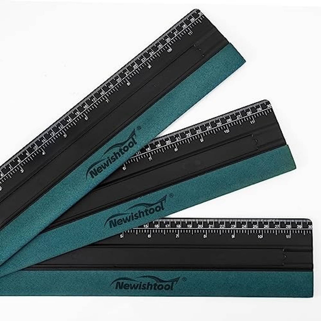 Two black ruler squeegees with teal felt pads, angled view, Newishtool logo.