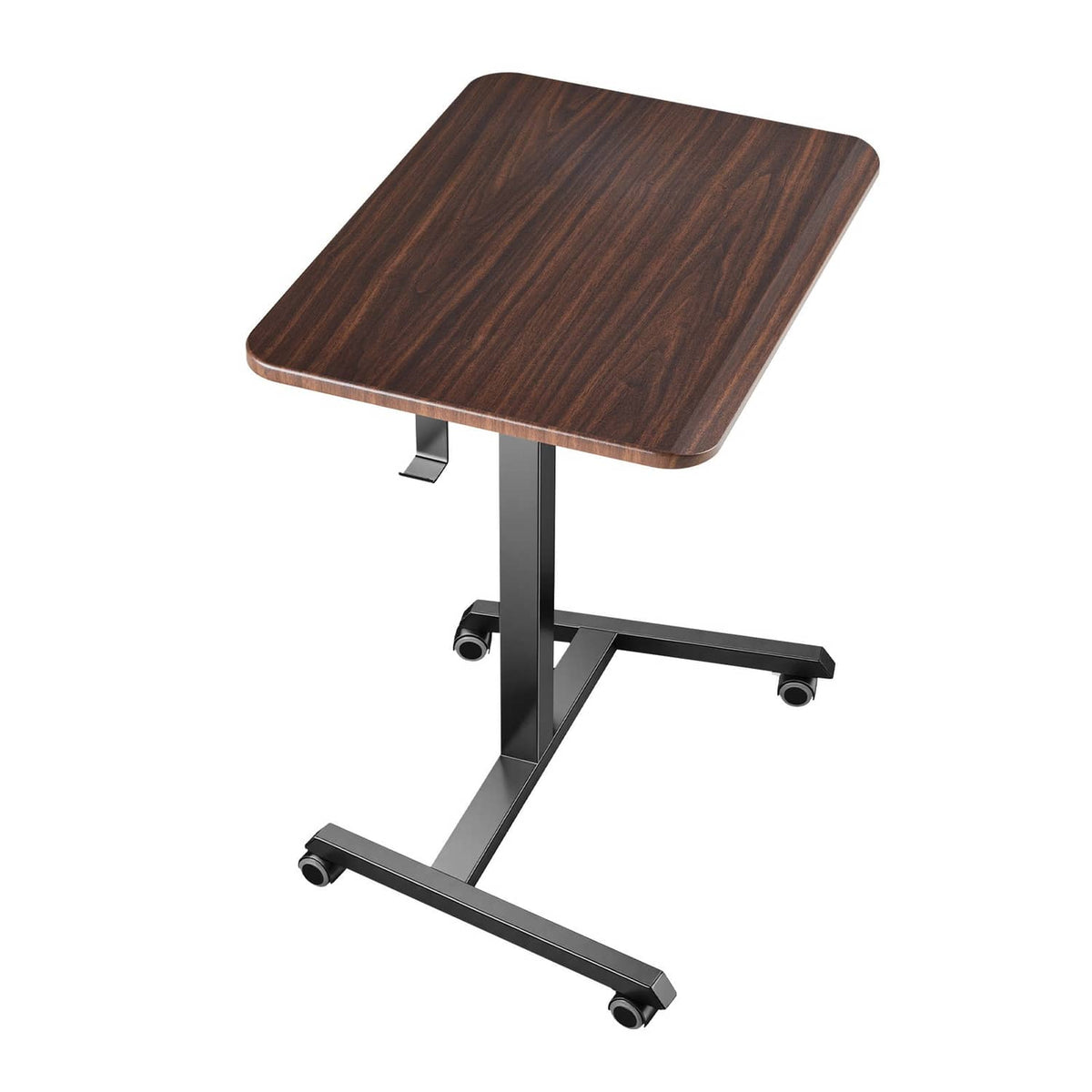Mobile standing desk with dark wood surface, gray frame, and caster wheels