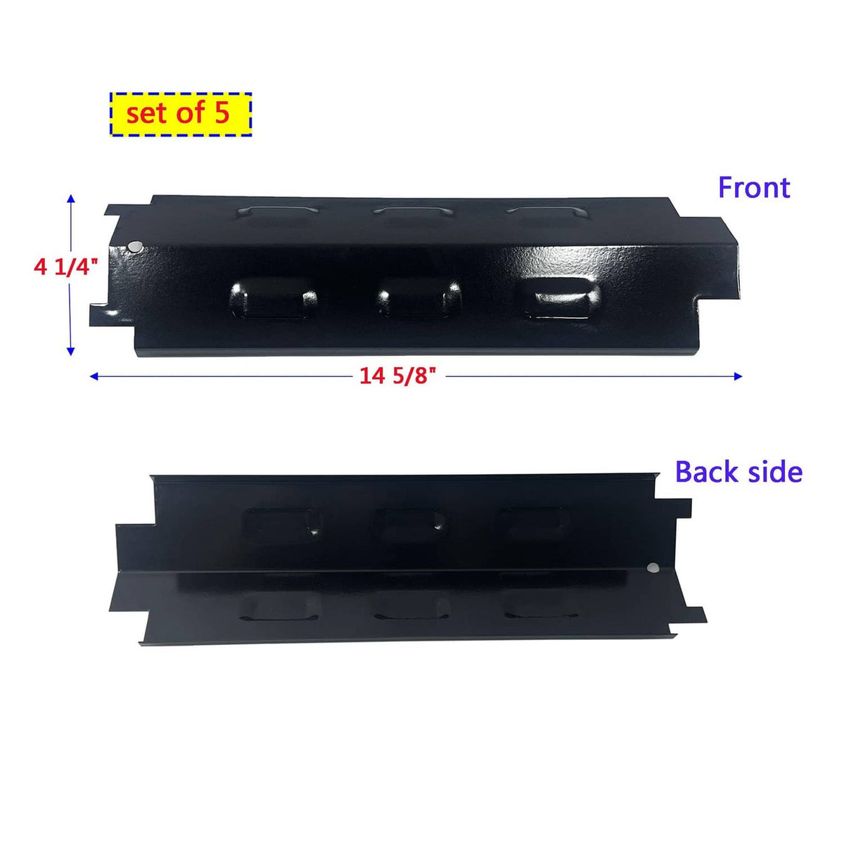 Set of 5 black metal burner brackets with front/back holes, replacement parts