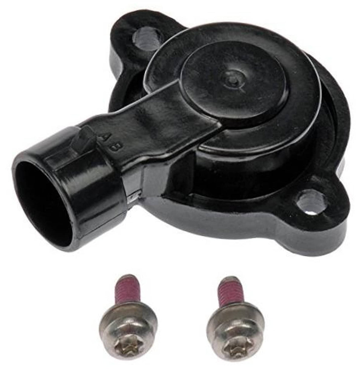 Black throttle position sensor with electrical connector and mounting bracket, two screws