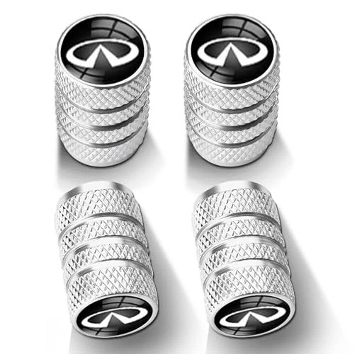 Set of 4 silver textured tire valve stem caps with black logo top, front view