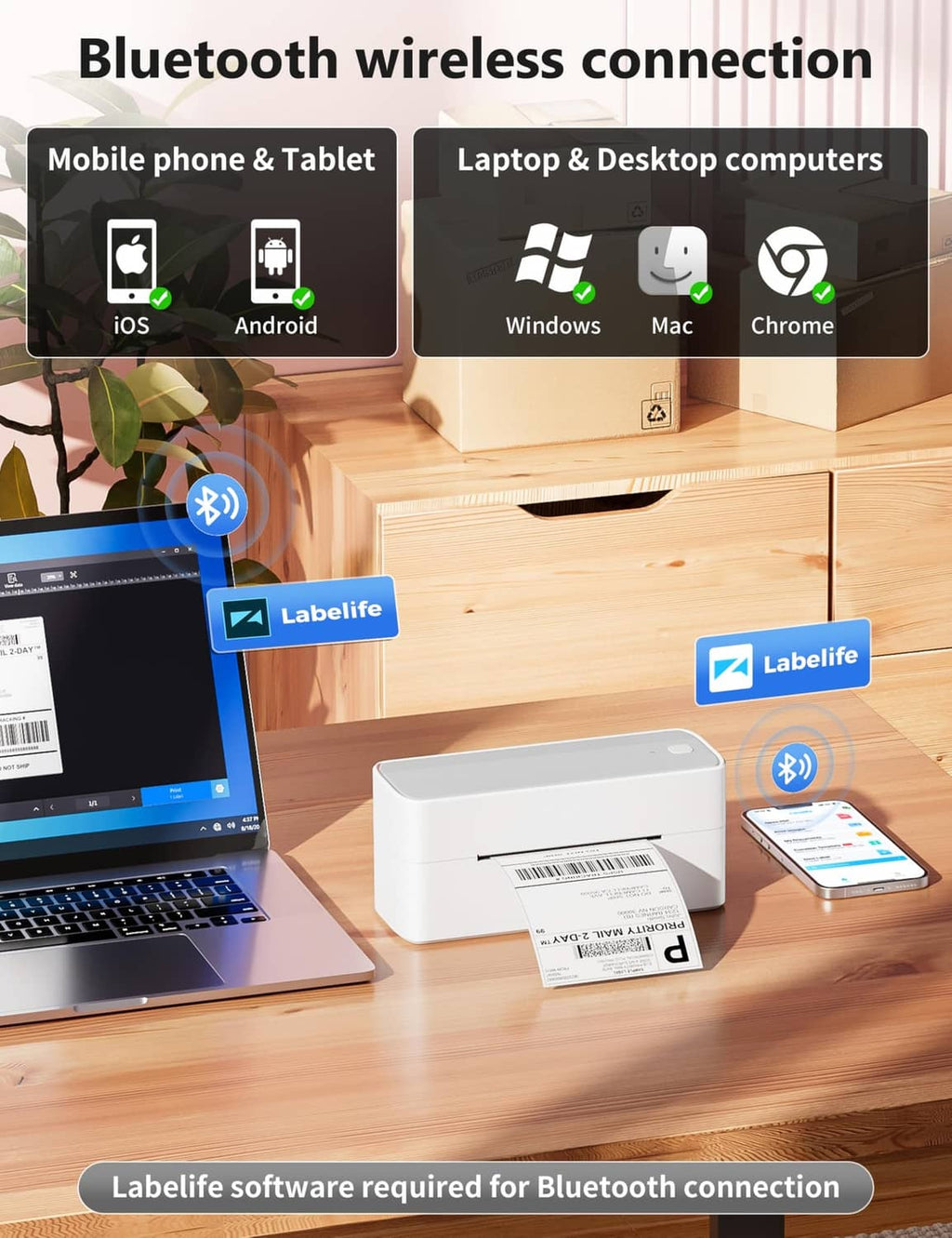White wireless thermal label printer showing Bluetooth connection icons