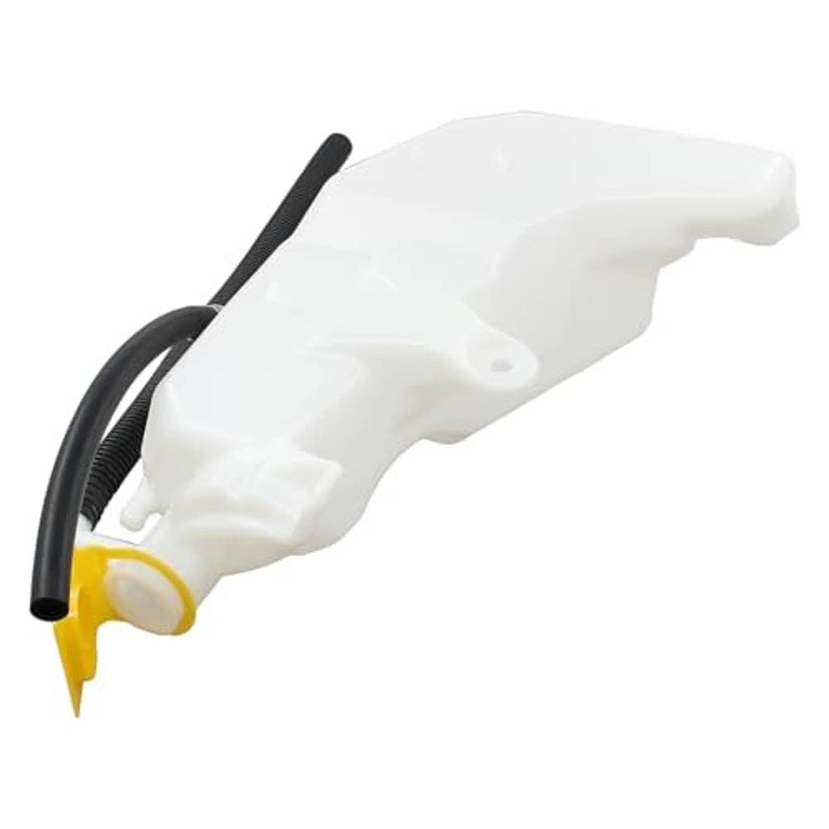 White coolant recovery tank with yellow cap and curved black hose leading to outlet