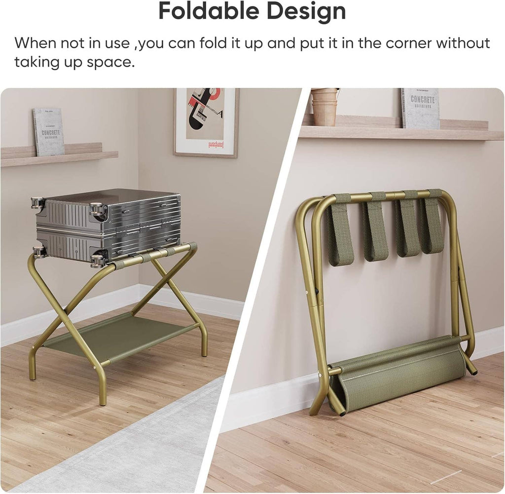 Foldable luggage rack showing side view, with fabric shelves and padded straps on the frame.