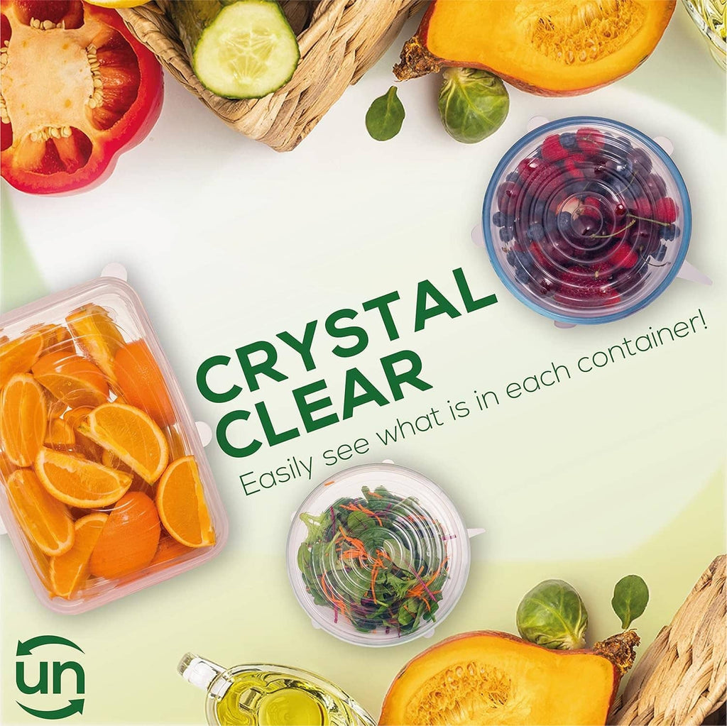 Crystal-clear silicone lids covering containers with visible food inside