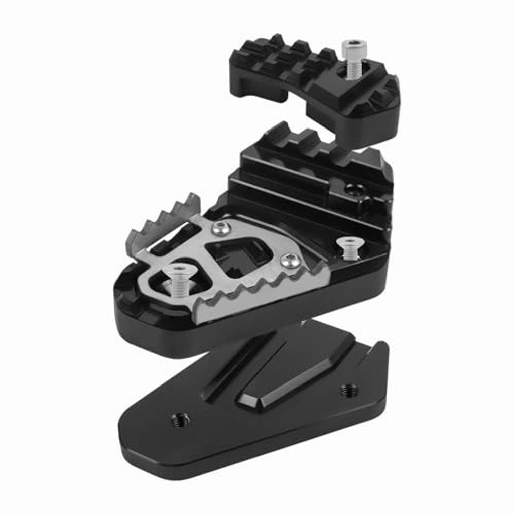 Black brake pedal extender set with serrated foot plate and adjustable bracket