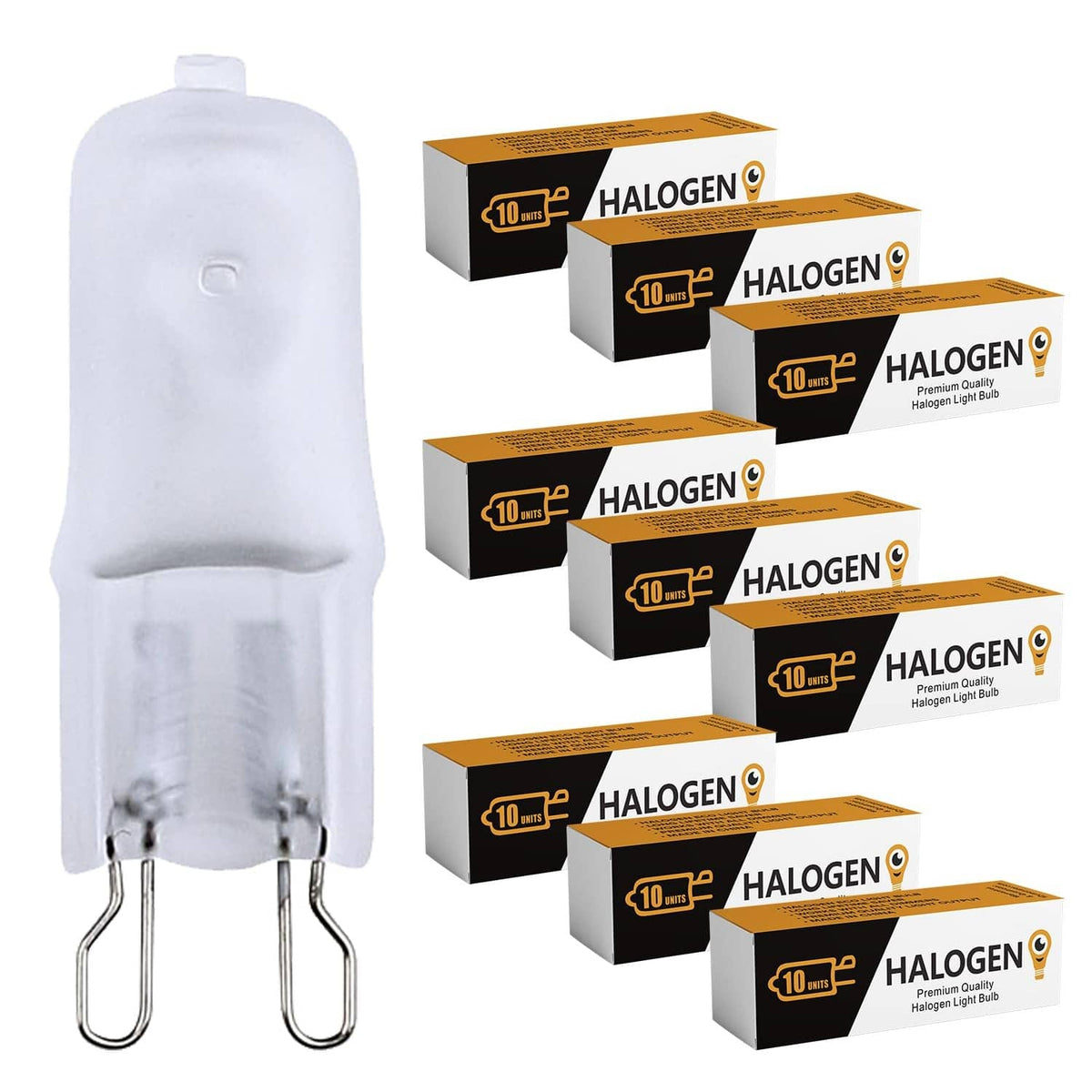 Frosted halogen capsule bulb with 10-pack boxes beside it, clear glass base and wires