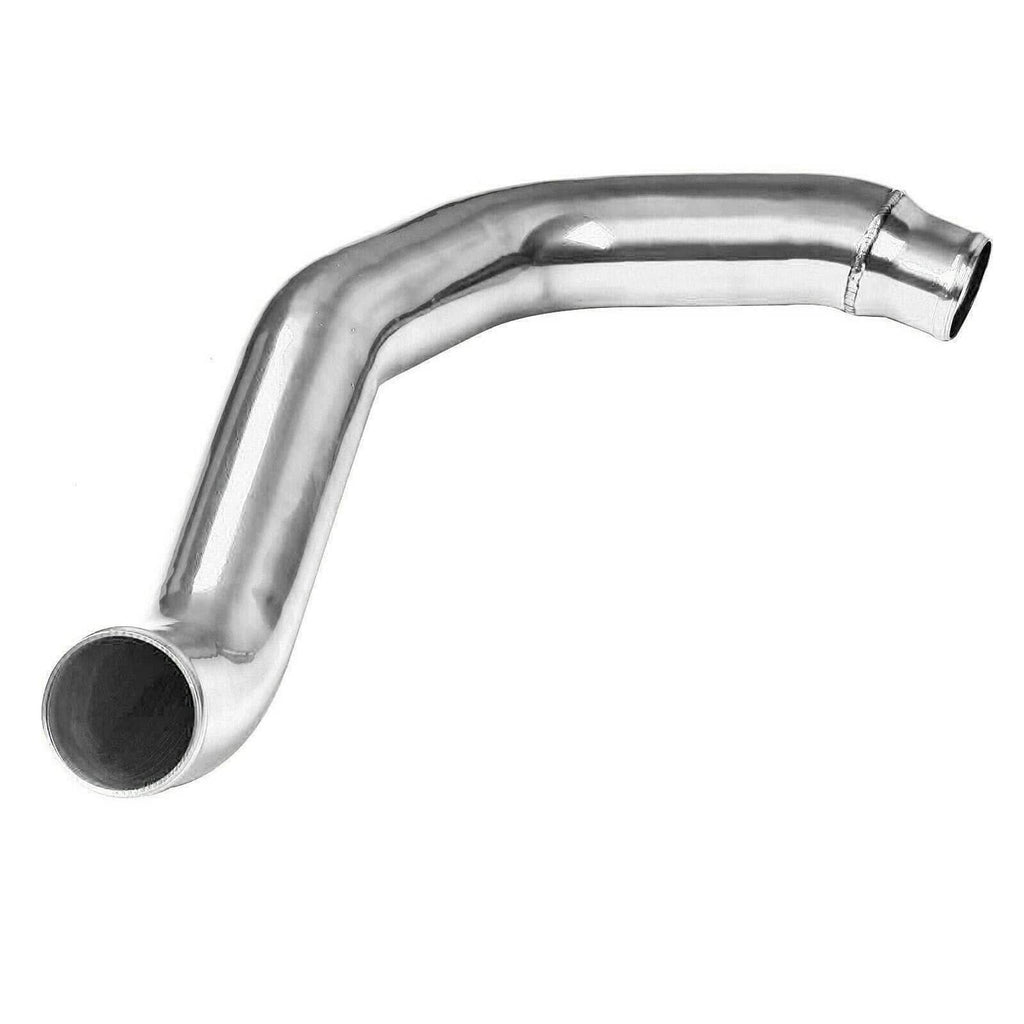 Silver intercooler pipe with curved bend and open inlet/outlet ends
