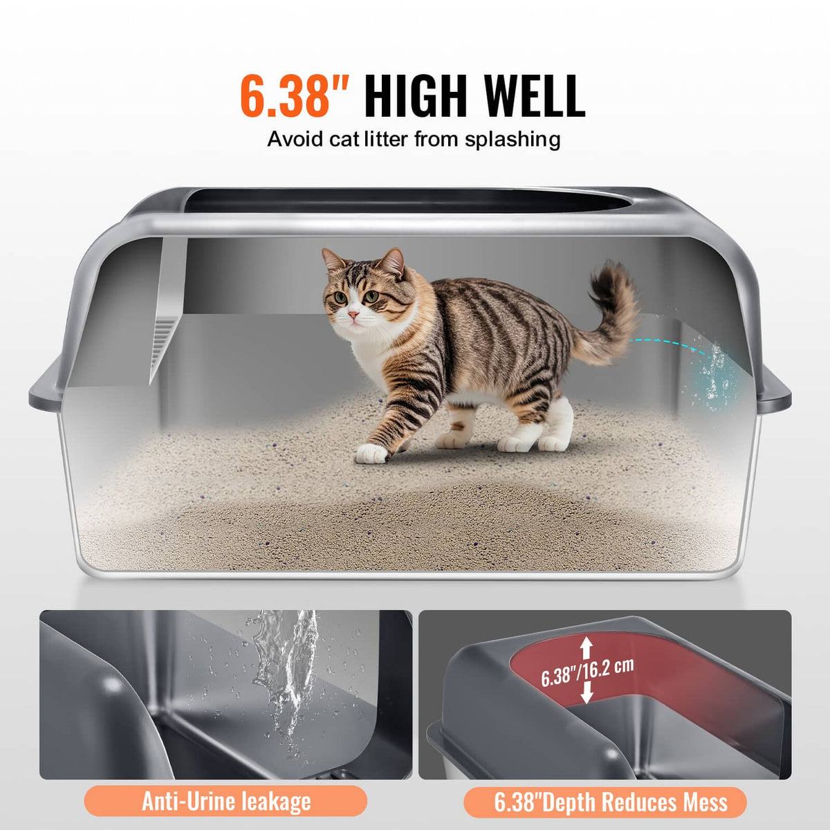 Covered cat litter box with high sides and open front, vented litter tray base