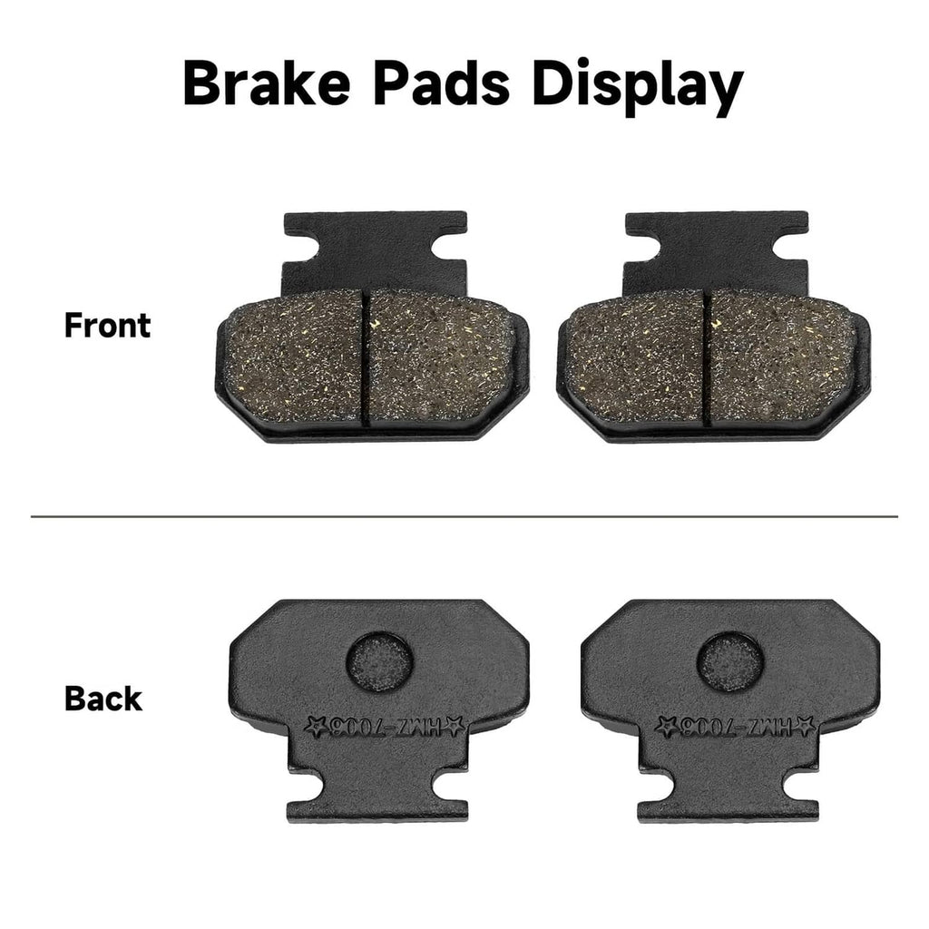 Pair of dark brake pads with front and back backing plates display