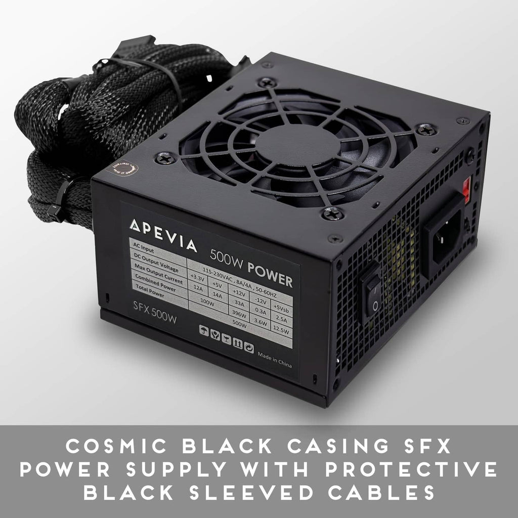Black SFX power supply with front intake grille and braided cable bundle
