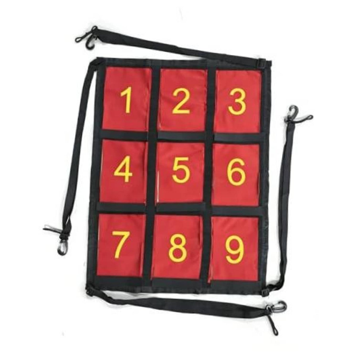 Numbered strike zone target hole net with red squares and black frame, adjustable straps