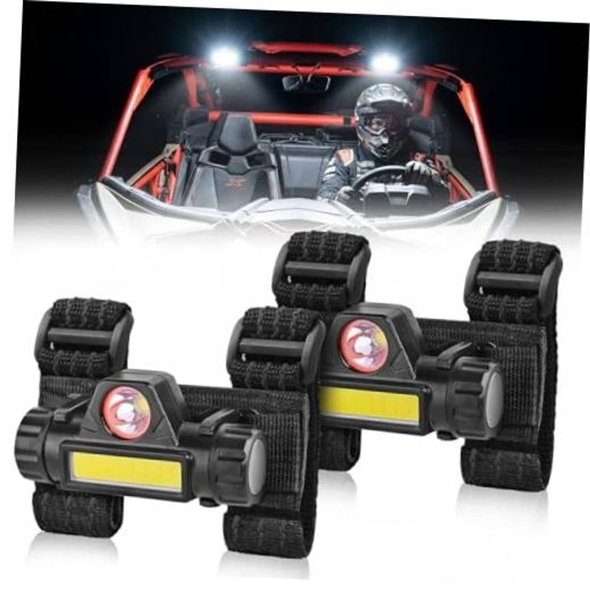 Black UTV cage roof light, four LED units with orange lens and yellow light bar.