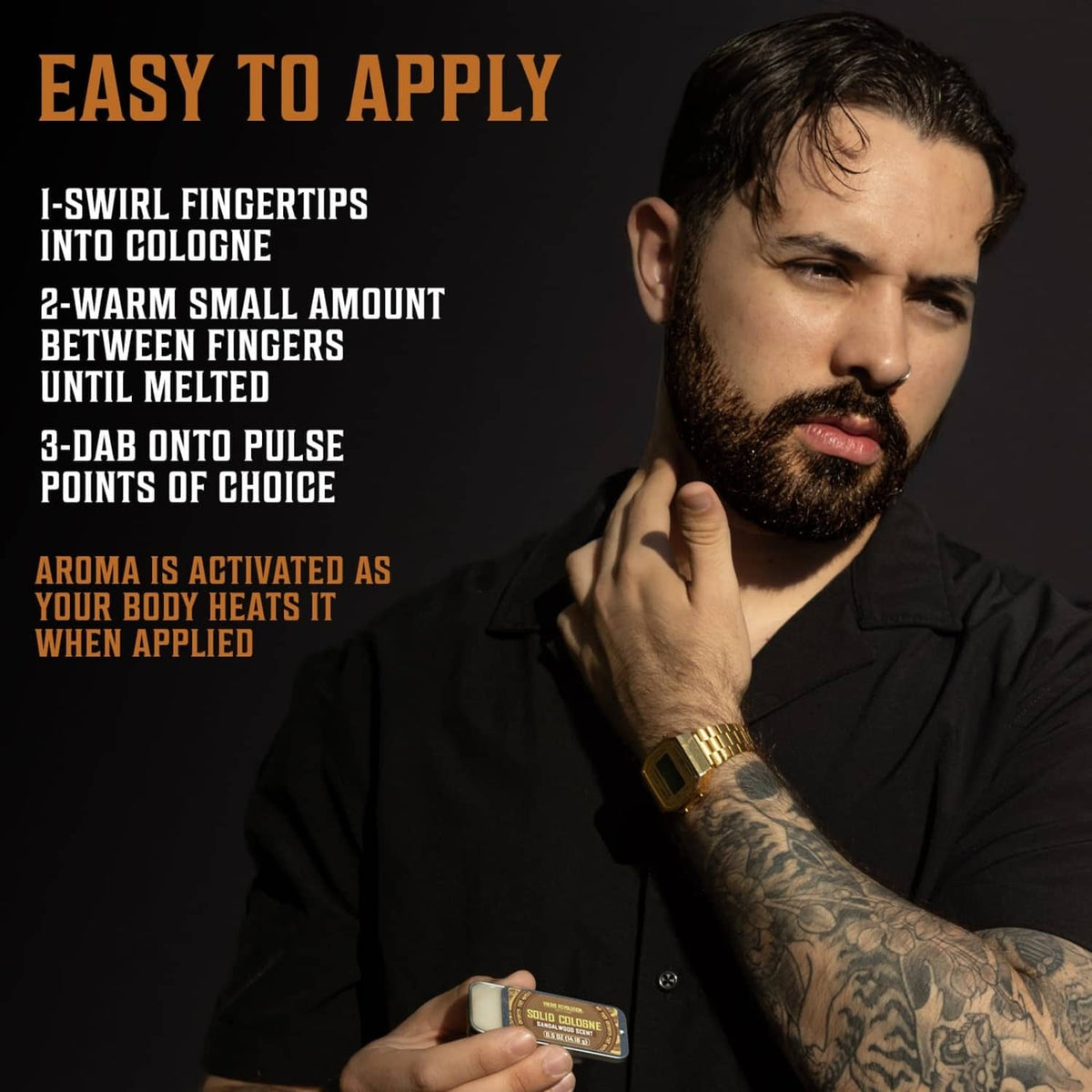 Man applying solid cologne from a small tin to his pulse point