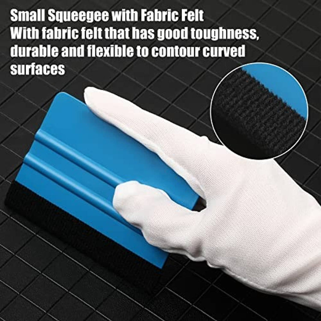 Blue vinyl squeegee with black felt edge, shown with a white-gloved hand