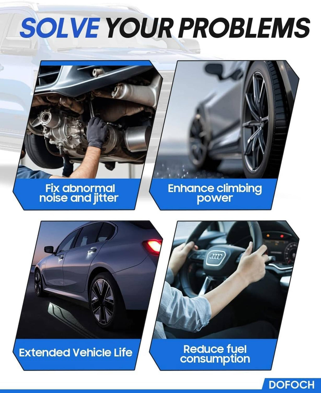 Vehicle performance infographic showing engine bay and interior controls