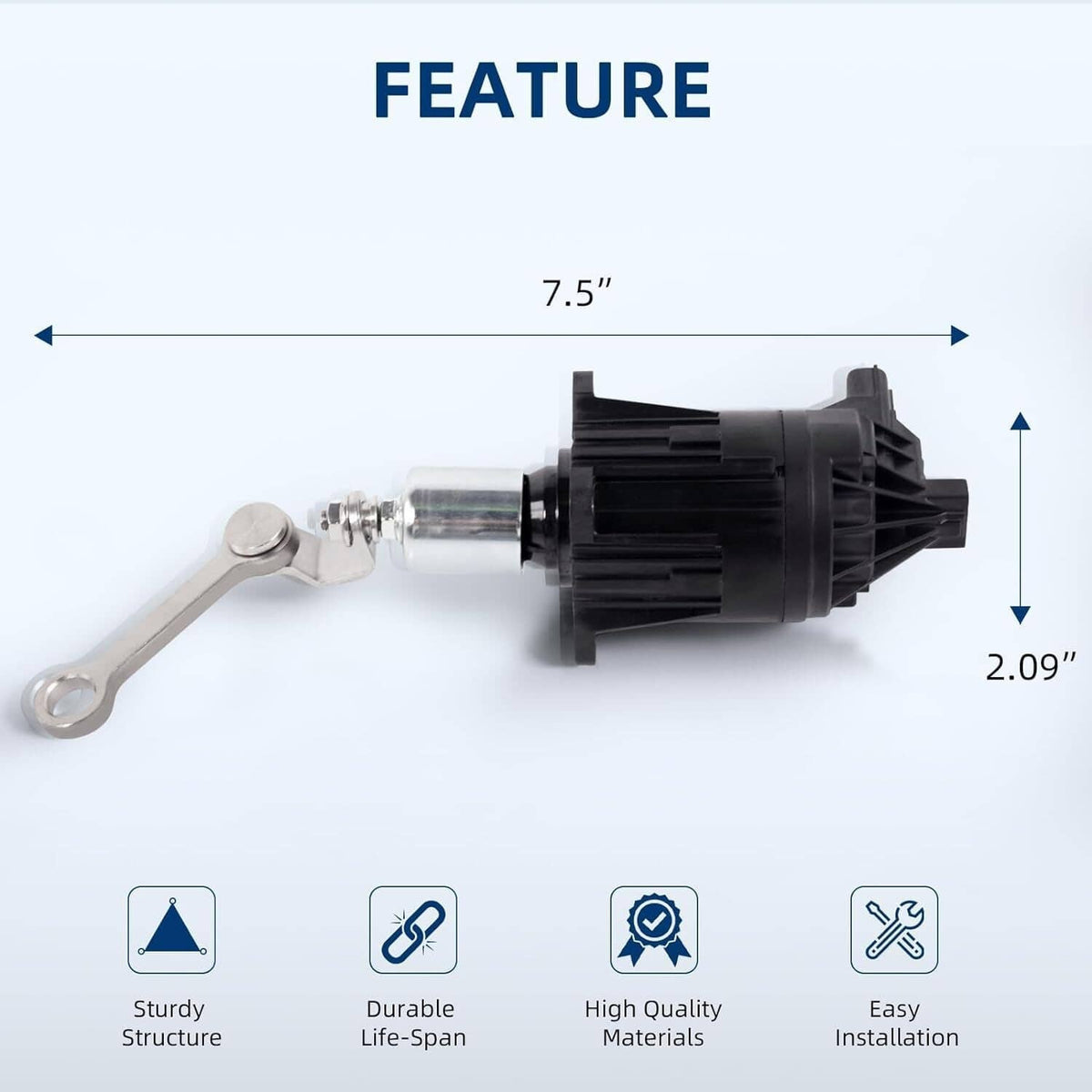 Wastegate valve actuator solenoid with dimensions, metal lever, and black housing