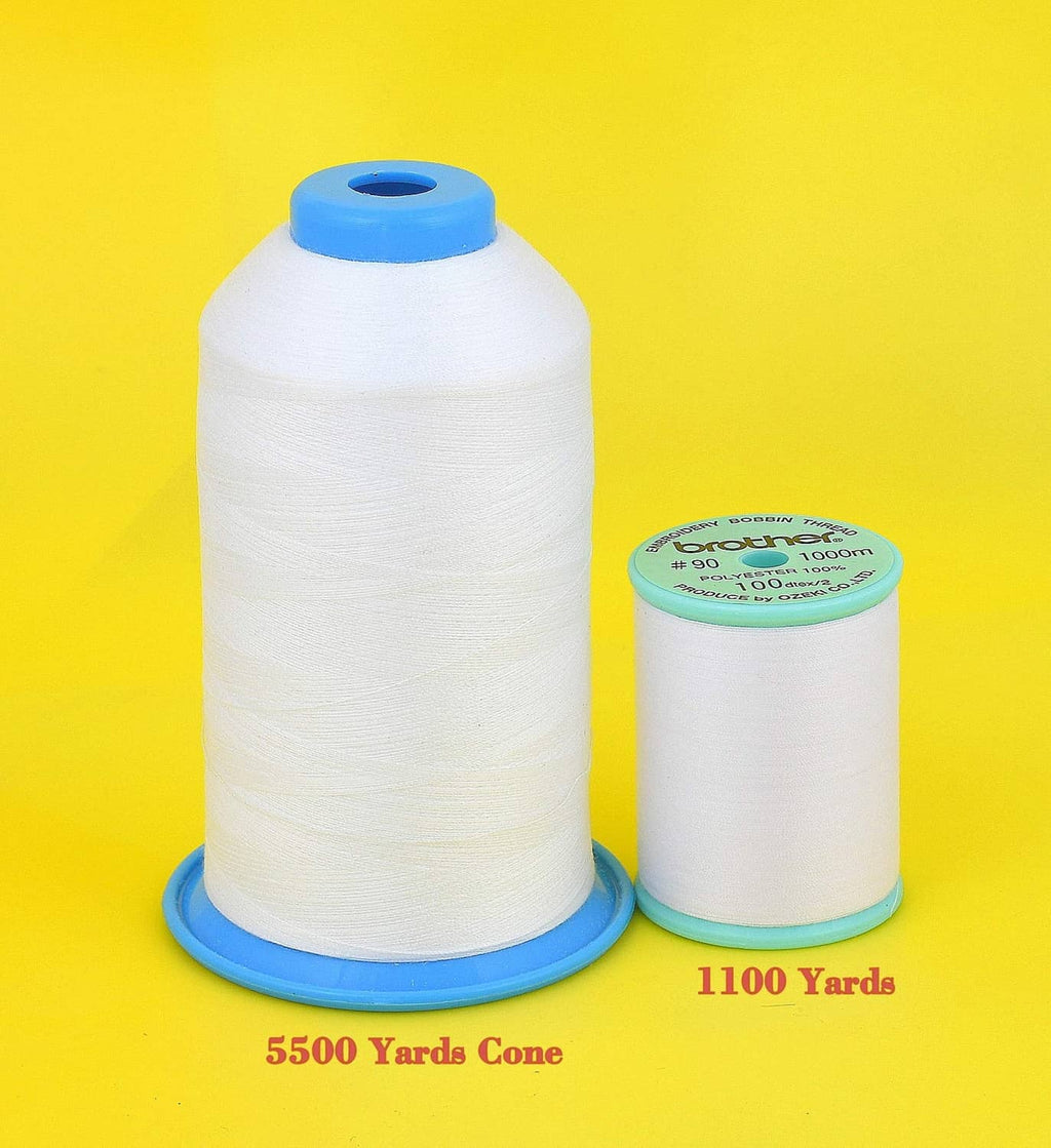 White embroidery bobbin thread cones: one large 5500-yard cone and one small 1100-yard spool.