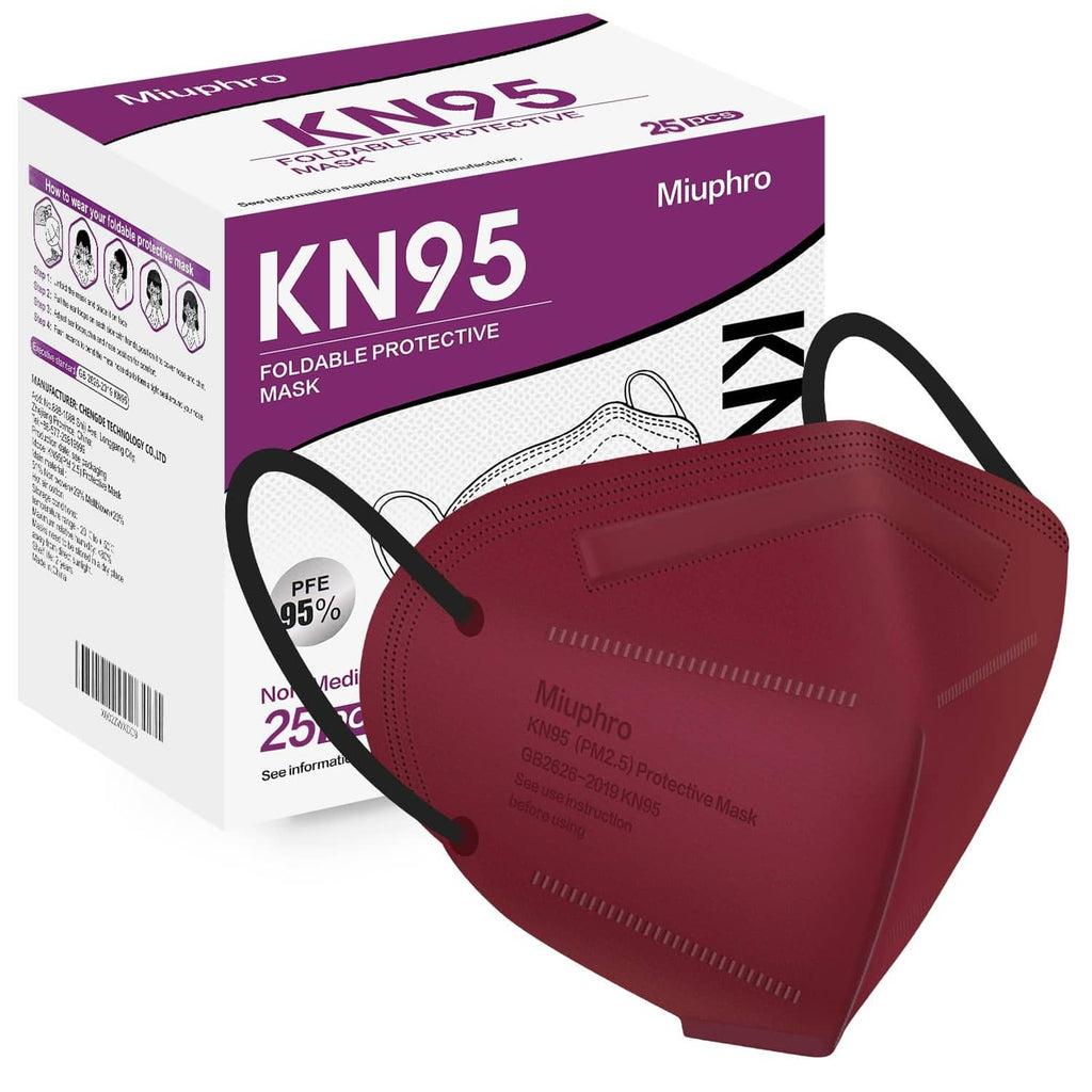 Red KN95 cup-style face mask with black ear loops and contoured nose panel.