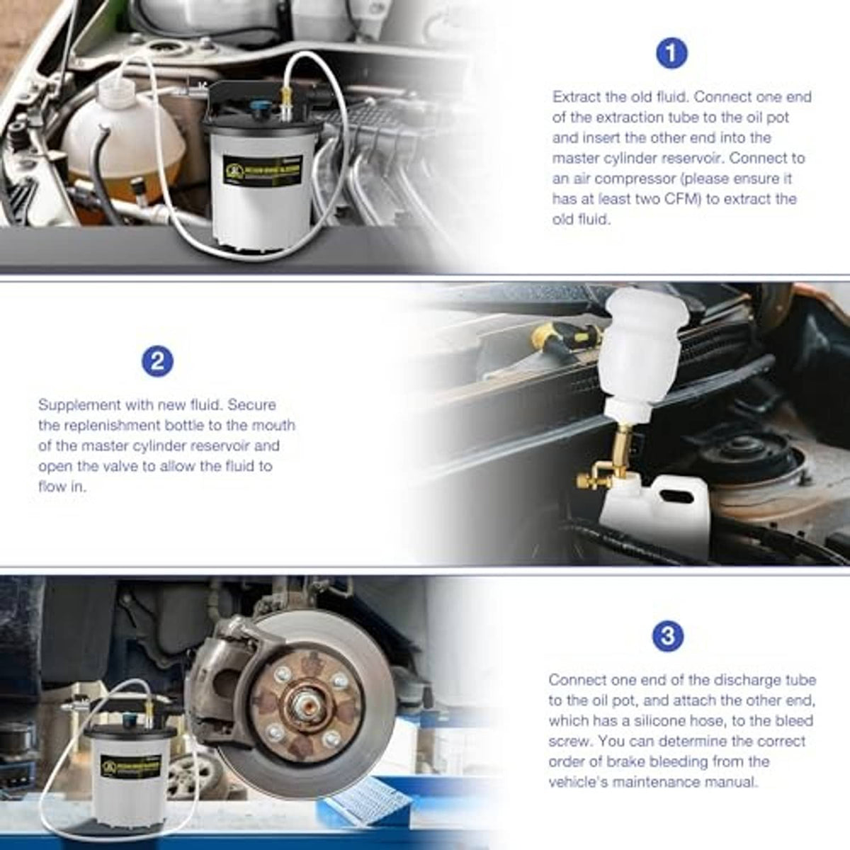 Brake bleeder kit used with engine bay setup: vacuum unit, hose connections, and adapter