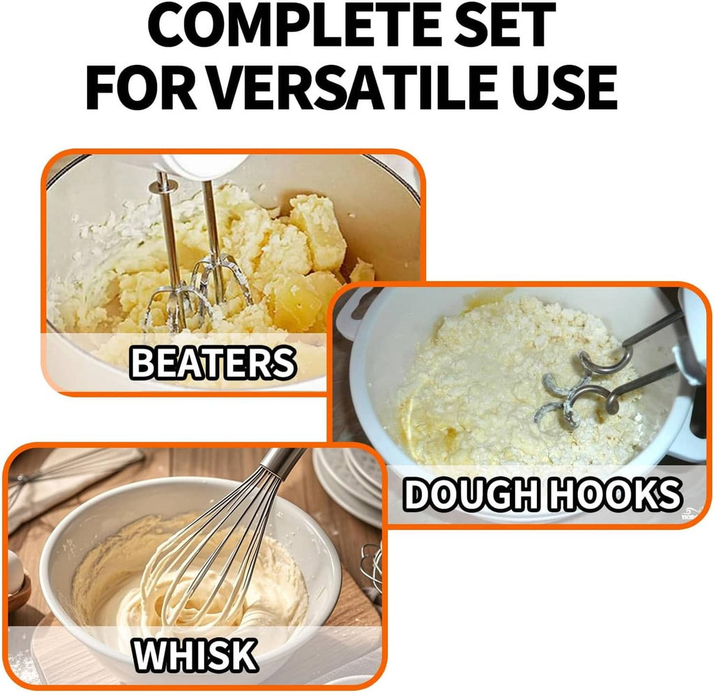 Hand mixer attachment set: beaters, whisk, and dough hooks with wire mixing ends